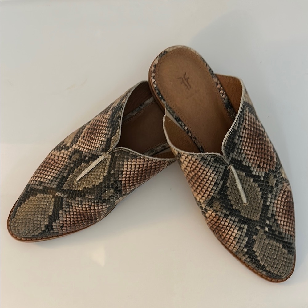 Frye Brown Tan Mules with Snakeskin Pattern